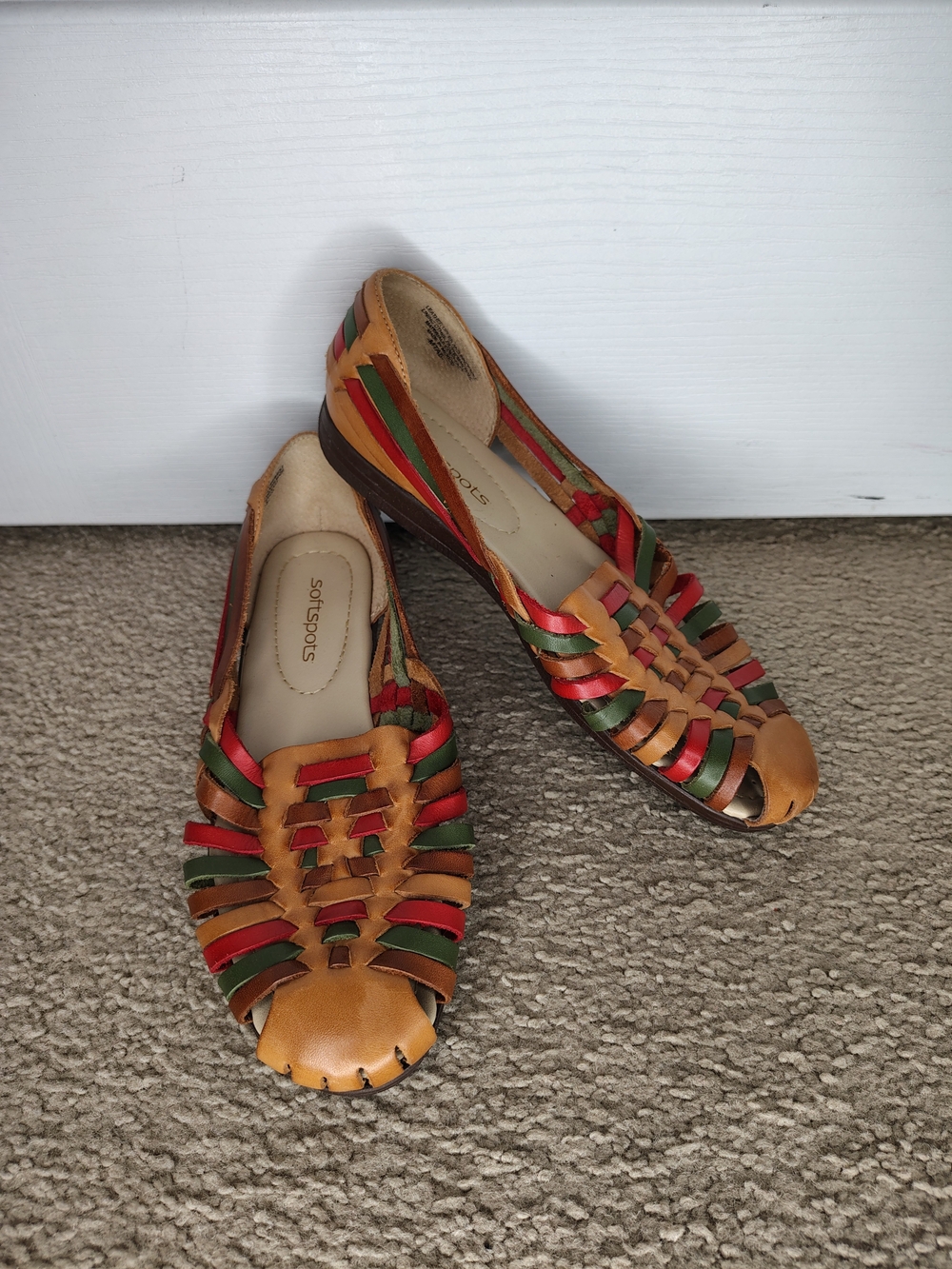 Softspots Tan Leather Woven Flats with Red & Green Straps